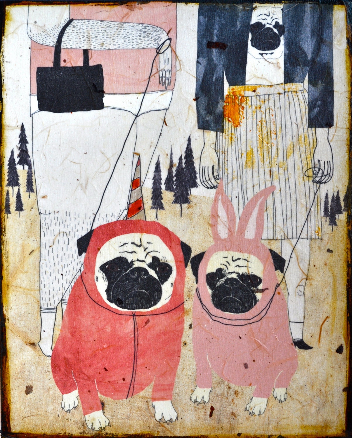 Pug Love- mixed media print on wood