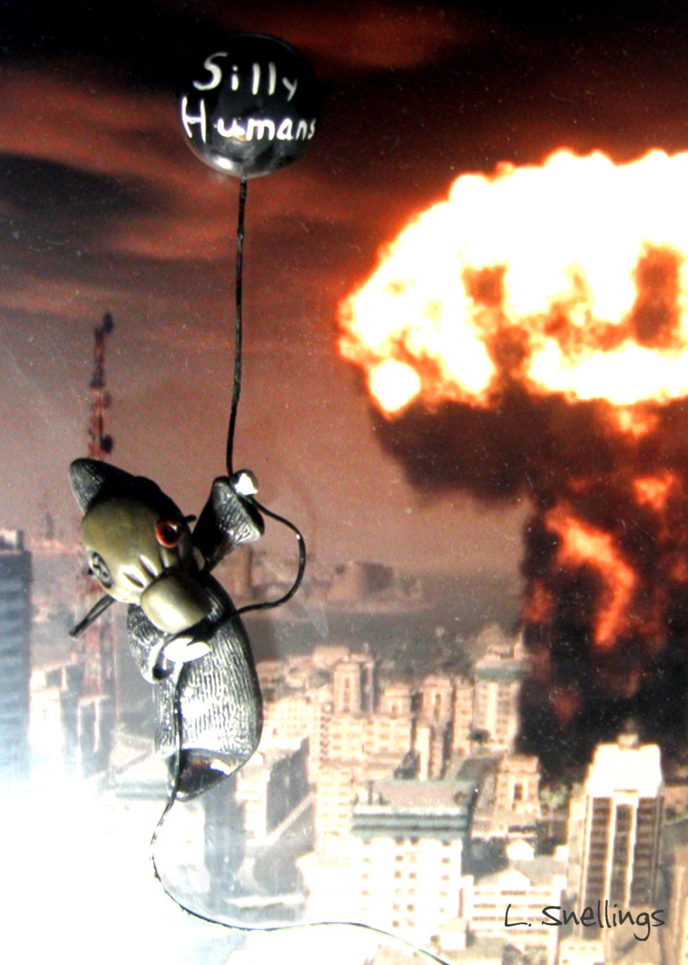 Silly Humans Balloon Poppet - hangs on your wall - has gas mask-Lisa Snellings