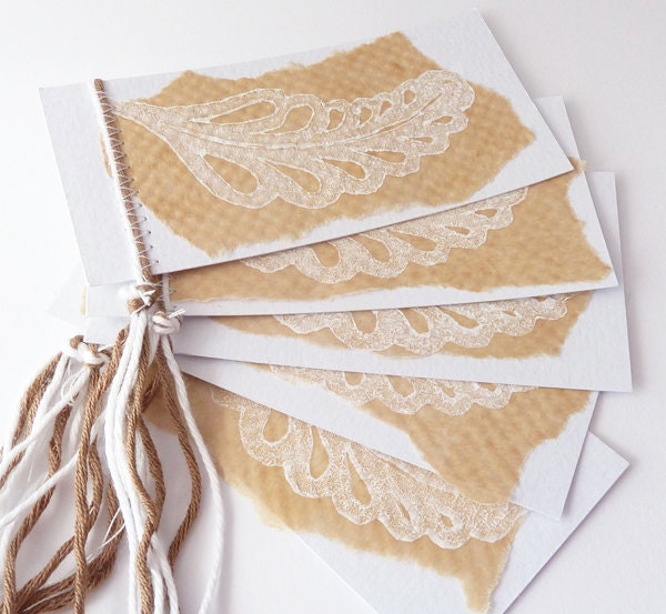 White leaf collage. Set of 5 mixed media gift tags.