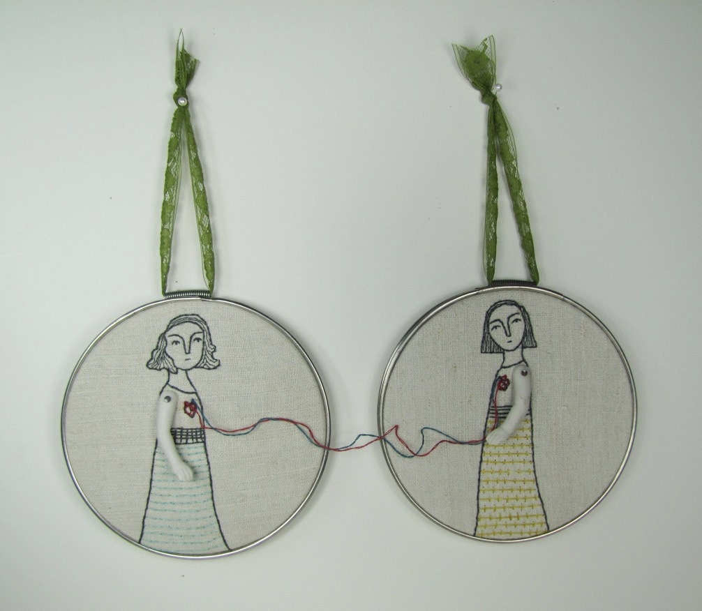 hand embroidery hoop art-connection no.4 in yellow and aqua