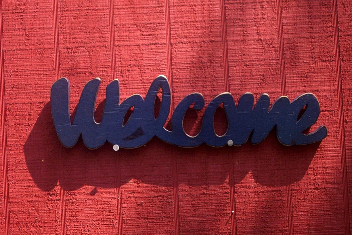 Hand painted, Hand Cut Large "Welcome" sign,  Navy Blue in stock and ready to go