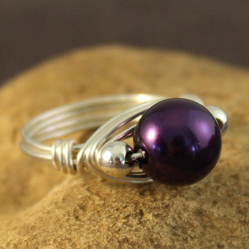 Regal Treasure Ring - sterling silver wire - purple glass pearl - any size 2 3 4 5 6 7 8 9 10 11 12 13
