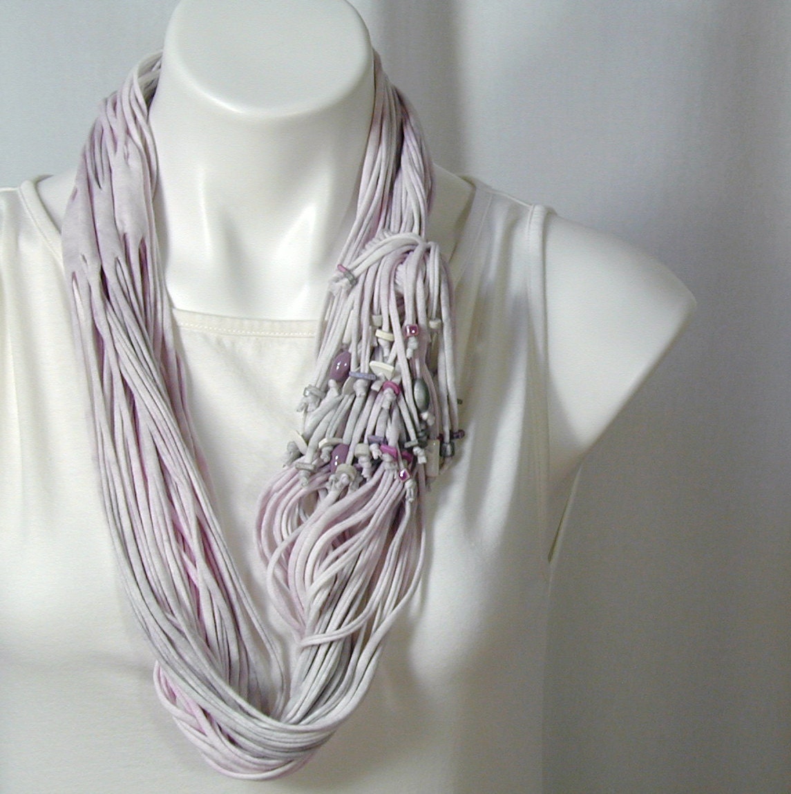 The Soba Scarf in Silver, Pale Petunia, and White