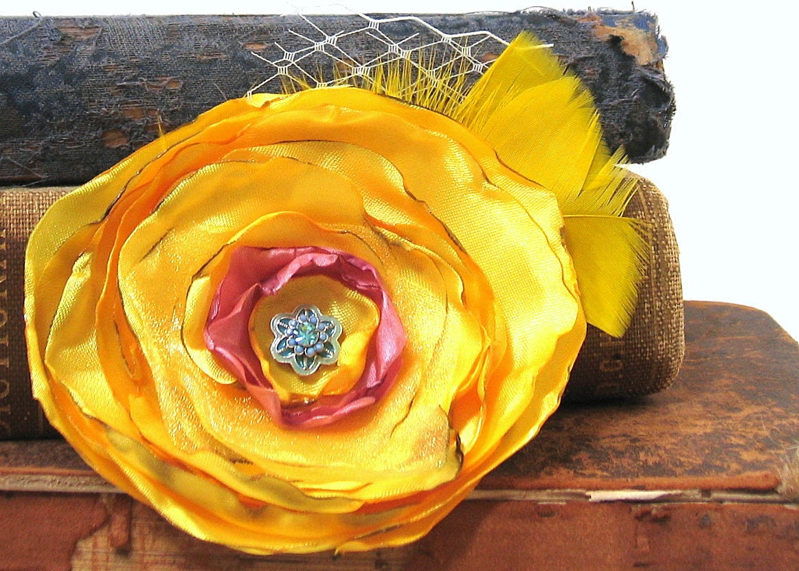 Sunshine Yellow Large Fabric Flower Brooch Hair Fascinator