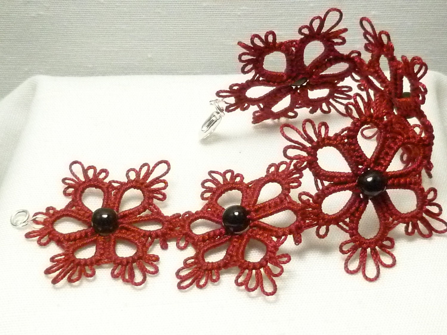 Tatted Lace Flower Cuff Bracelet in Victorian Red -Flair
