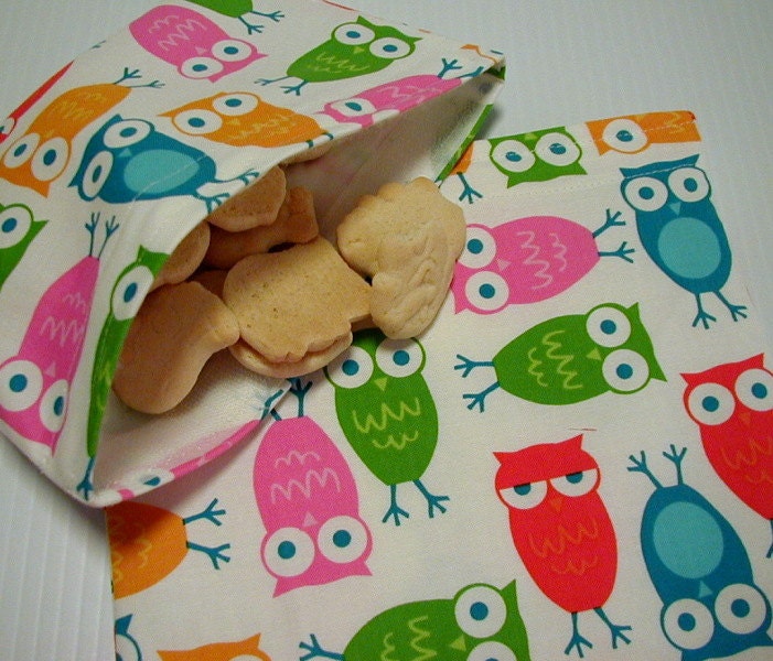 2pc Set Pink Multi Color Owls Reusable Sandwich and Snack Bag