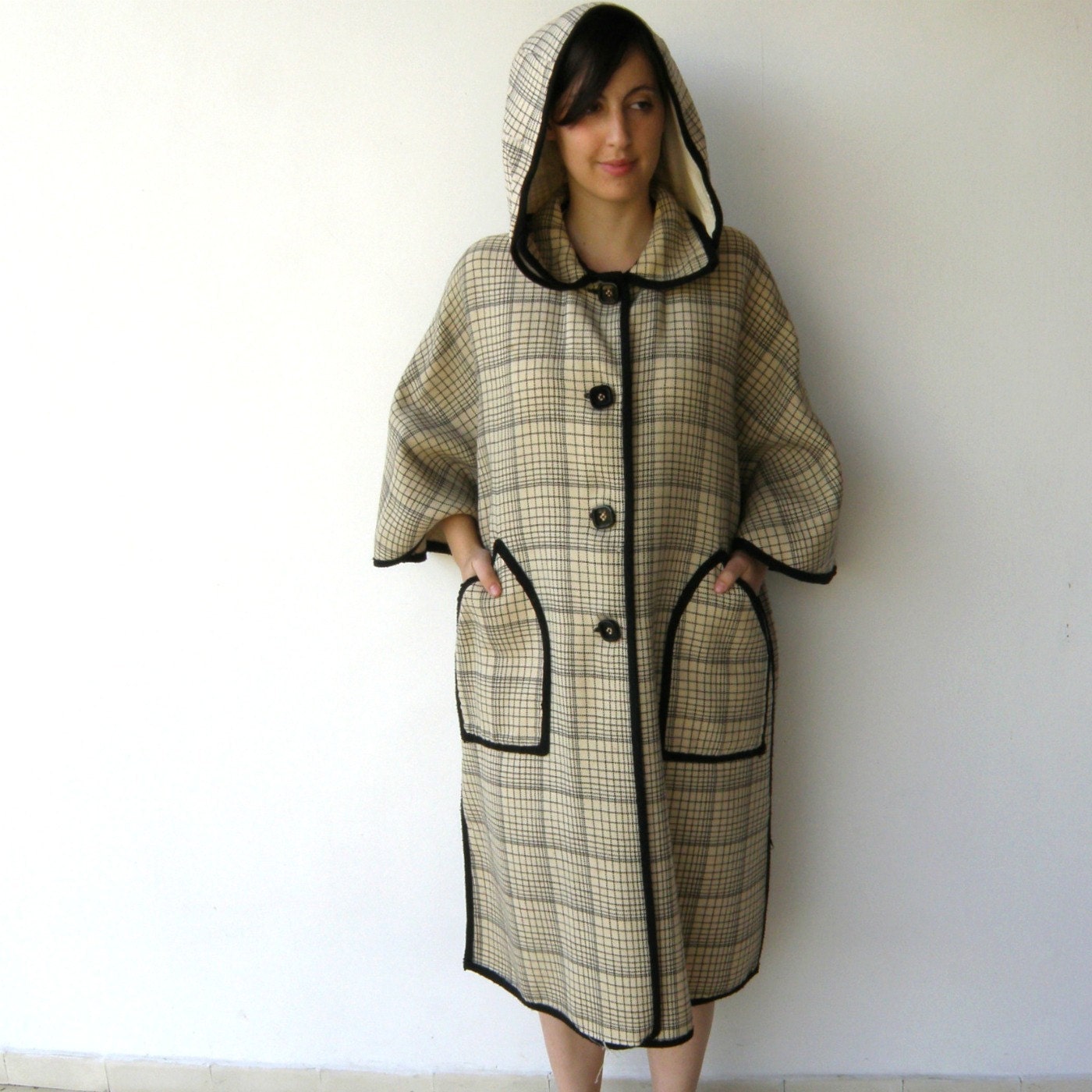 Vintage Cream and Coal Square Button-Up Hooded Cape-Coat