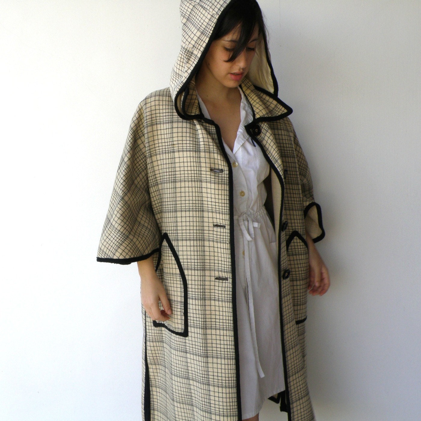 Vintage Cream and Coal Square Button-Up Hooded Cape-Coat