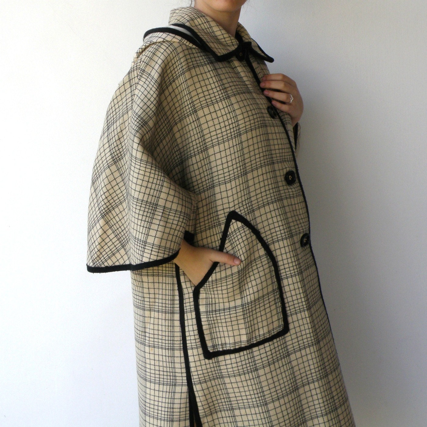 Vintage Cream and Coal Square Button-Up Hooded Cape-Coat