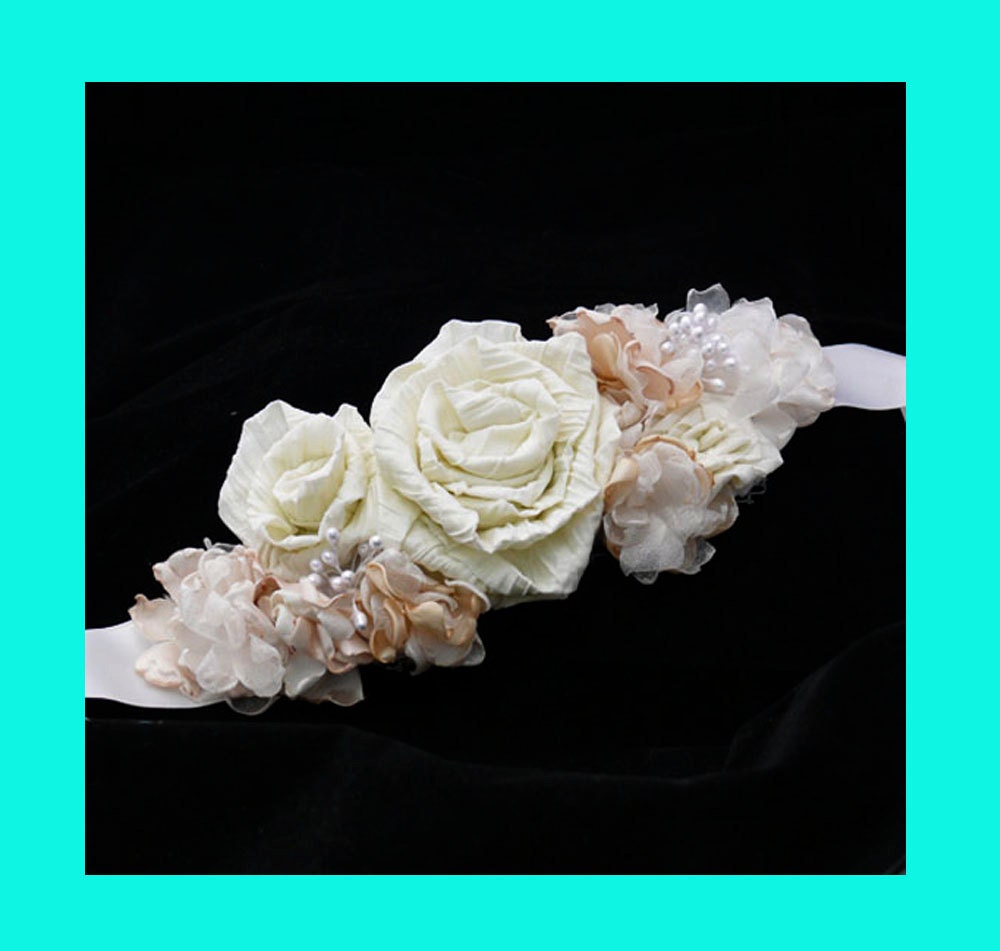 Rebecca Bridal Sash Flower Wedding Sash Ivory Pearls Floral Belt