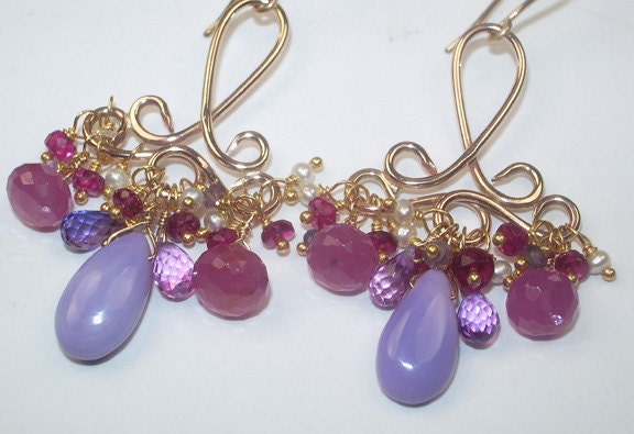 Wire Wrapped Chandelier Earrings Lavender Opal Pink Sapphire 14k Gold Filled