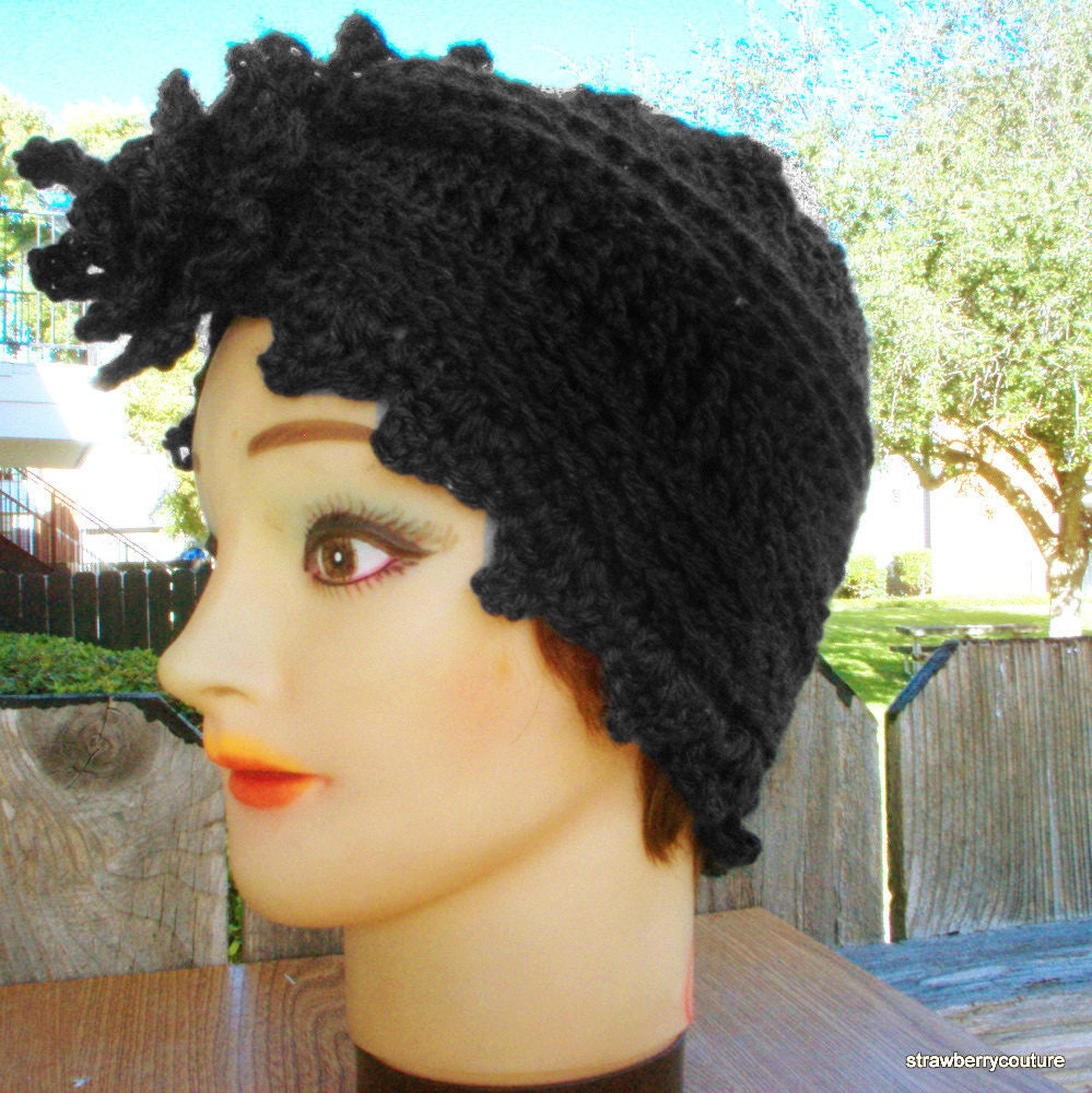 Womens Crochet Hat - Crochet Turban Hat Charcoal Gray in Soft Acrylic Yarn Scallops & Flower - Ready To Ship Spring Fashion