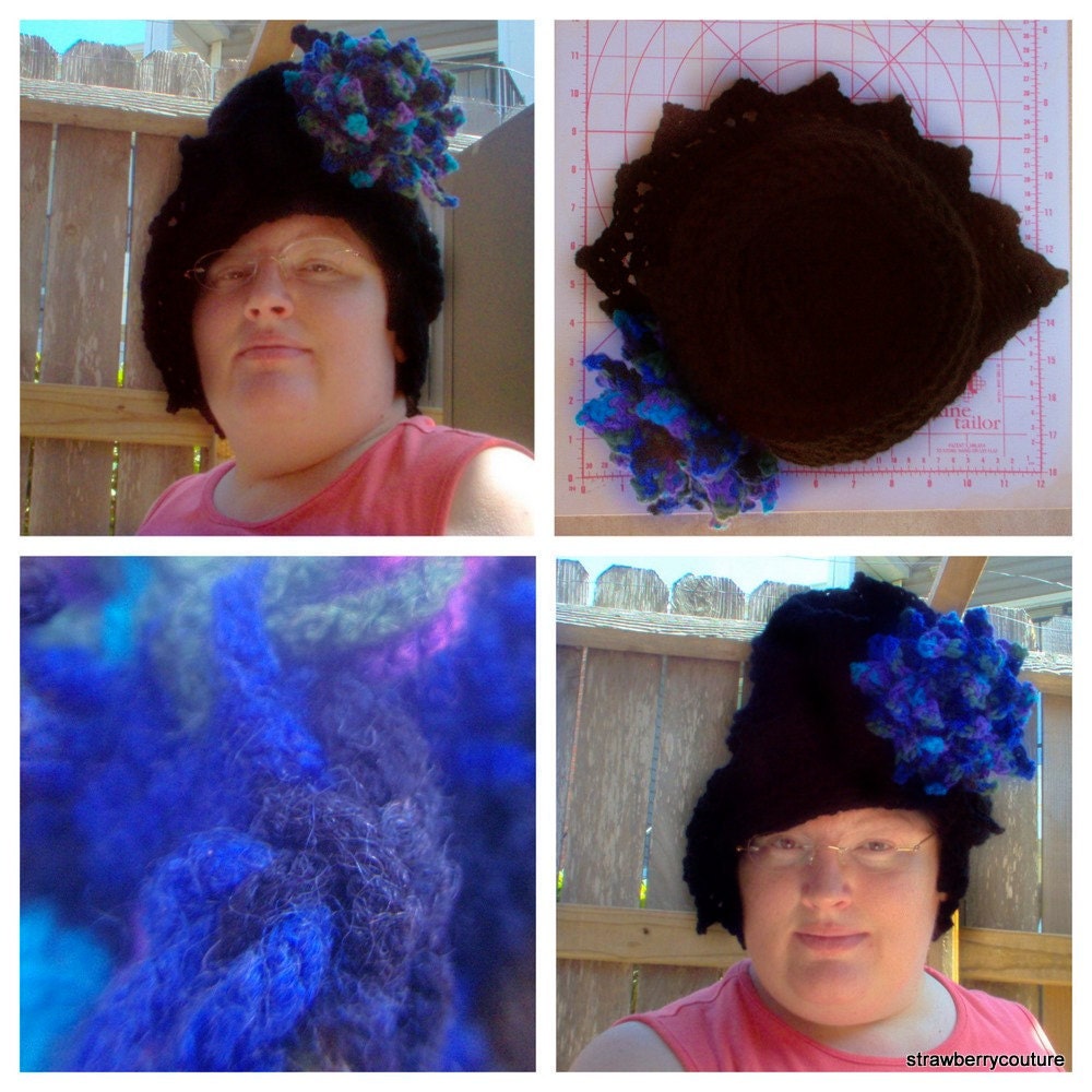 Womens Crochet Hat - Black Cloche Hat with Blue Flower - Color Pop - Winter Accessories - Winter Fashion Spring Fashion
