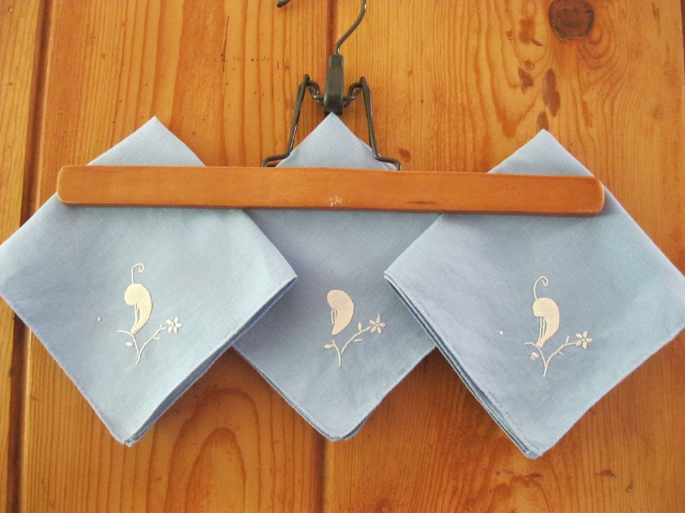 3 Blue Vintage Hand-Made Embroidered Napkins