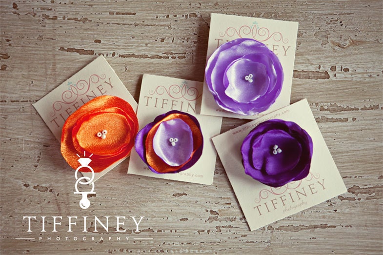 Clemson Hair Bow, Satin Flower Orange and Purple Bow