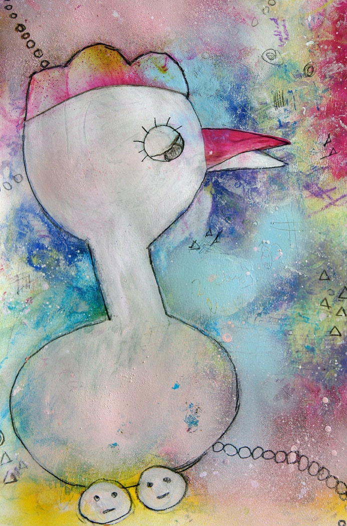 Outsider Naive Art WAIT YOUR TURN original ooak art for children duck animal childlike