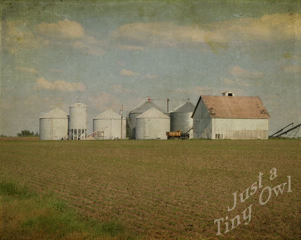 Indiana Farm with White Barn and Silos 8x10 Metallic Photograph with Overlay