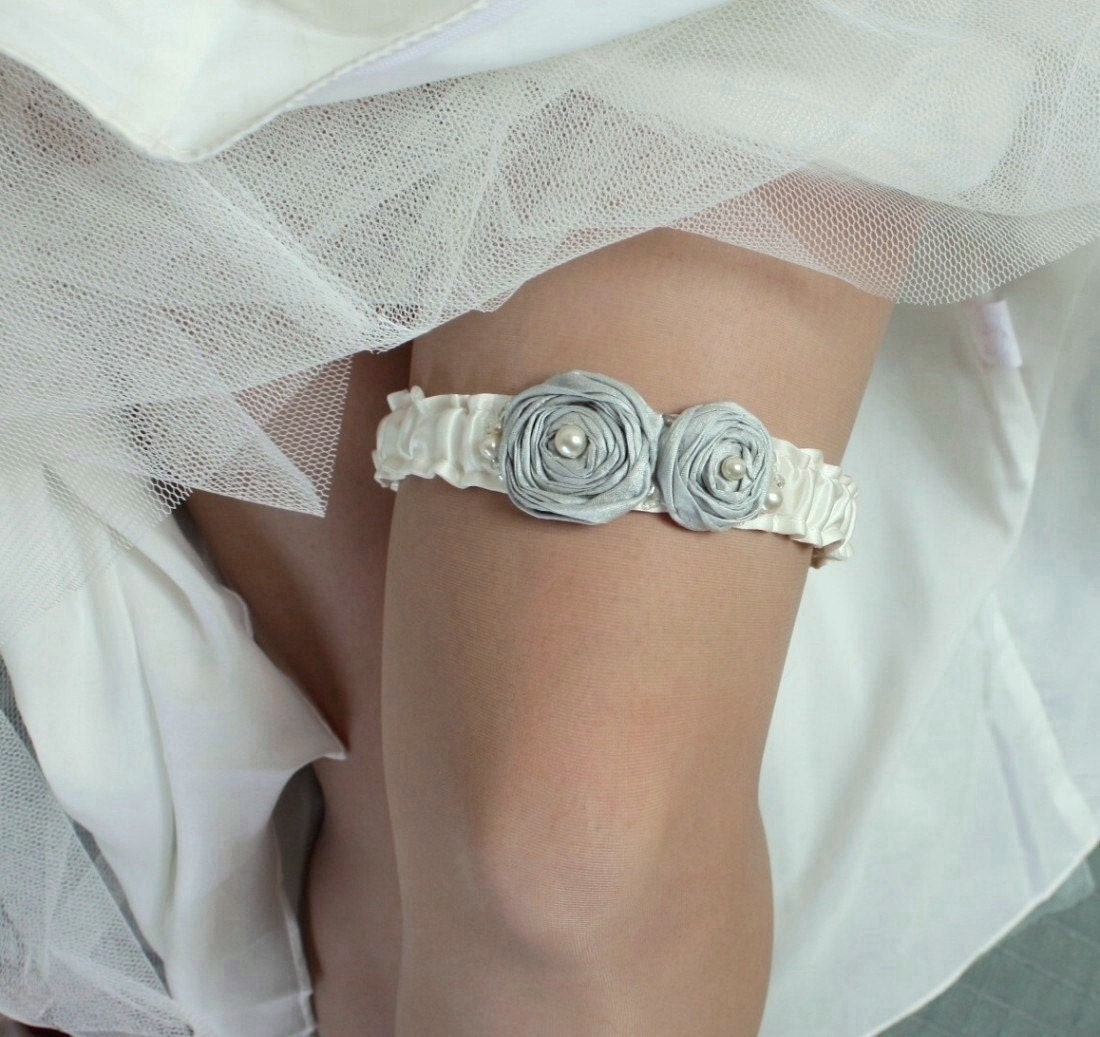 Wedding Garter SET - Ivory with Blue Gray Roses (Or Pick your Colors) - the Camille Garter