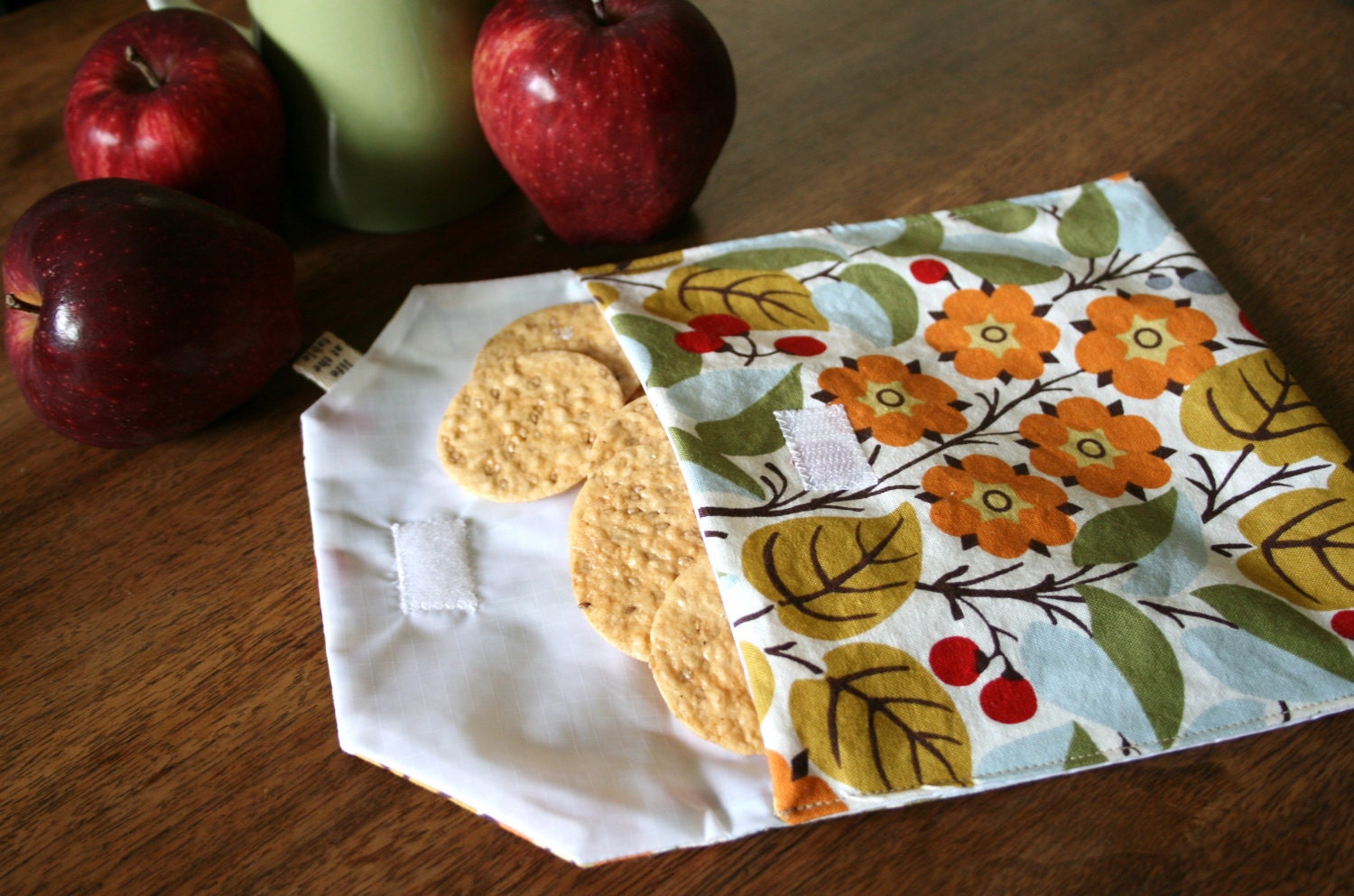 pair of reusable, lined sandwich bags in floral & brown dot