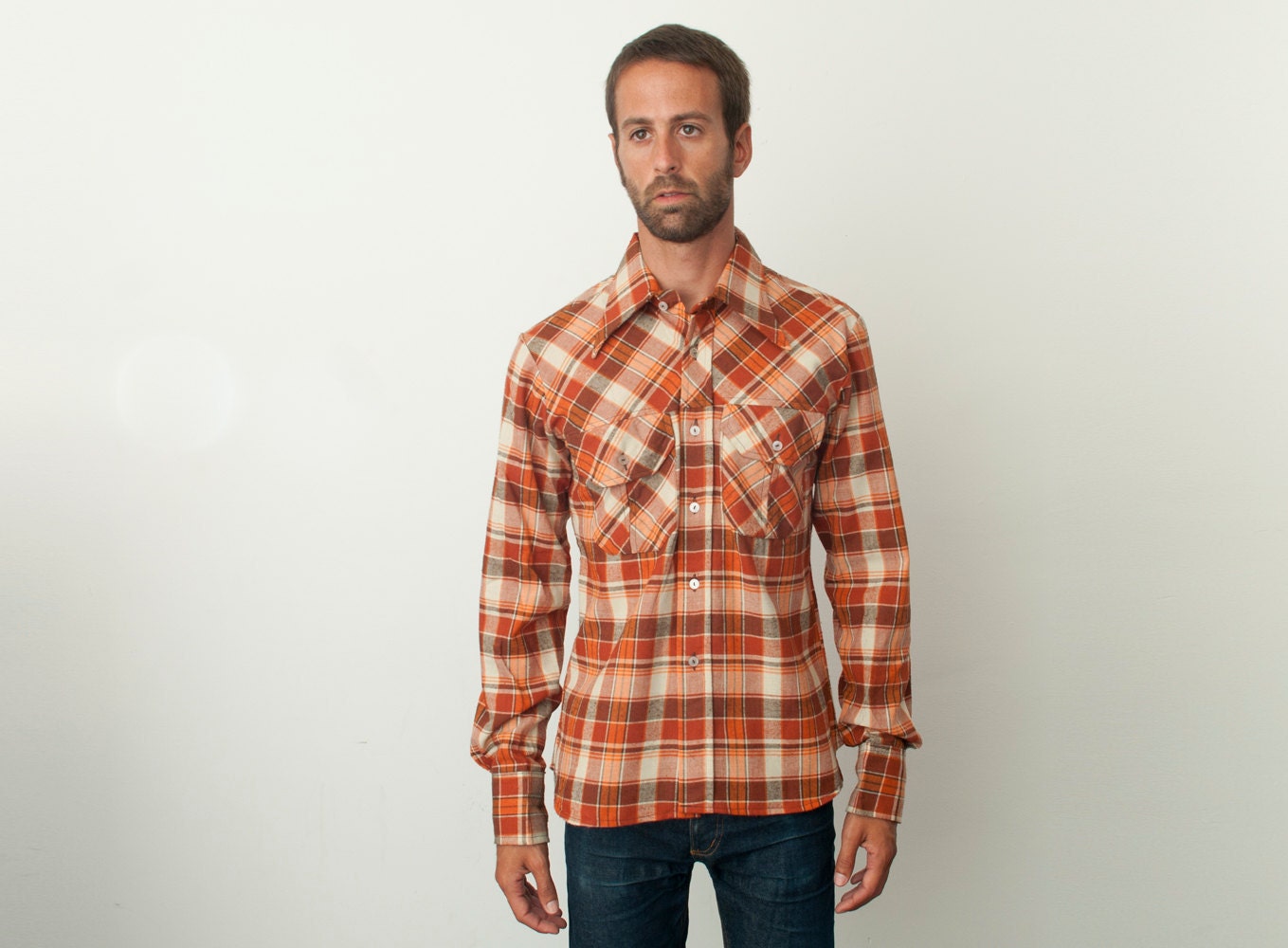 NOS vintage 70s chequered shirt red orange brown beige chest pockets big collars