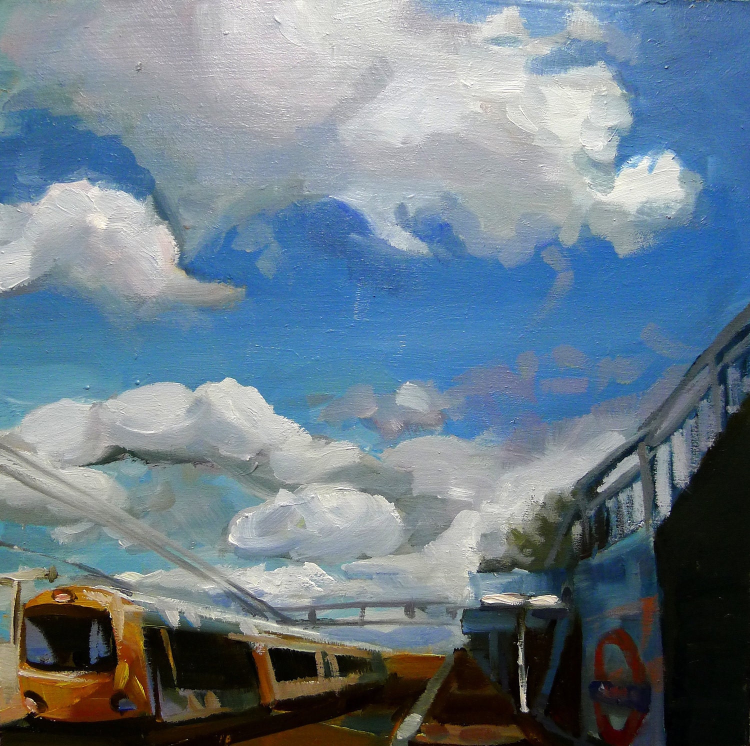 Skies over Hackney Downs station, 2011, 19 x 19 cm, original oil on panel painting