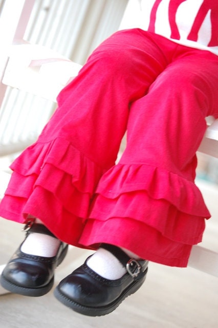 Red Corduroy Triple Christmas holiday Ruffle Pants Girls Childrens kids Dark Brown Leaf Green