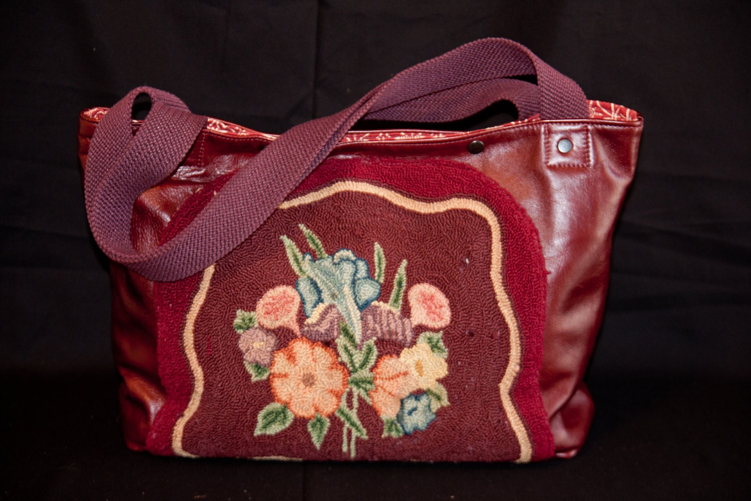 Vintage Custom Leather Needlepoint Purse / Carry Bag