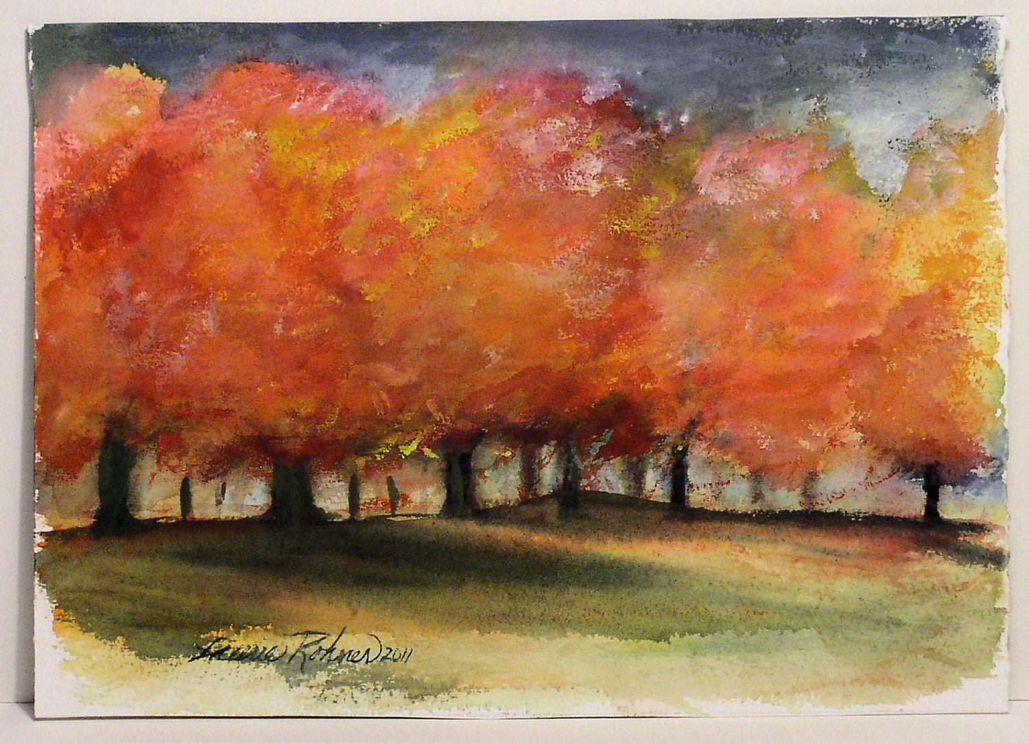 Original Watercolor Painting AUTUMN STORM fall color maple trees in Vermont.