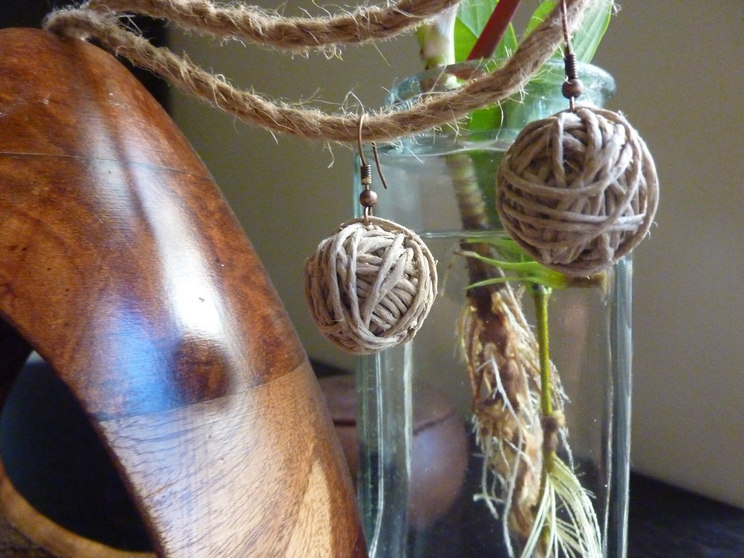 Handmade hemp cord balls earrings. Romantic and lightweight