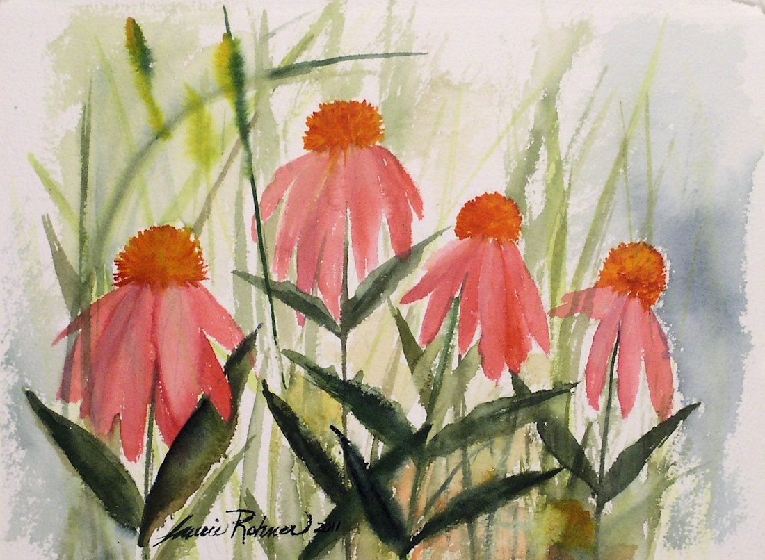 Original Watercolor Bright Pink Coneflowers on Quality Paper Not a Print.