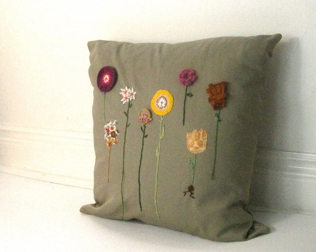 pillow sham cover / organic embroidered sofa cushion home decor autumn fall / eco friendly gardens (READY TO SHIP)