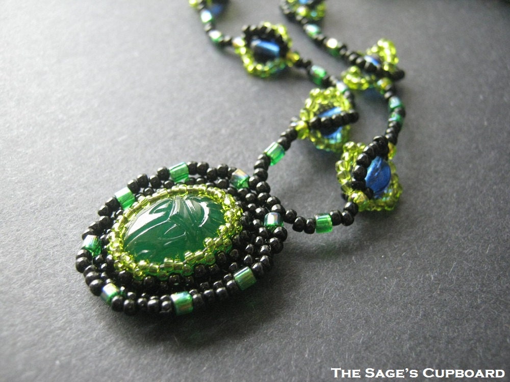 Jade Scarab Pendant. Black Green and Blue Egyptian Beaded Necklace with a Vintage Scarab Cameo