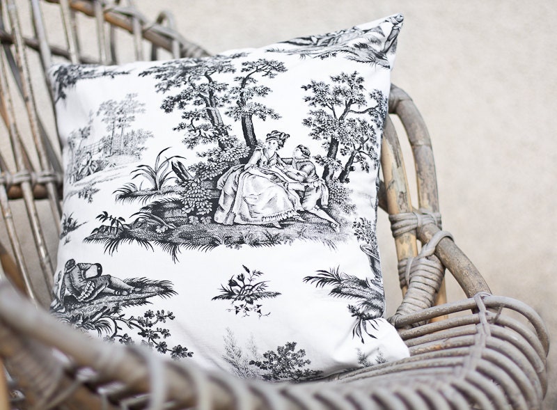 Pillow Cover Vintage Toile de Jouy French Country 16 x 16 Black and White Neutral Rustic Shabby Chic romantic teamcamelot tbteam elitett