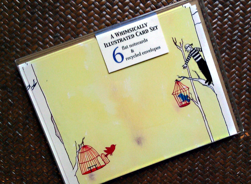 Flat A2 Notecards, Boxed Set of 6 - Burglars and Birdcages