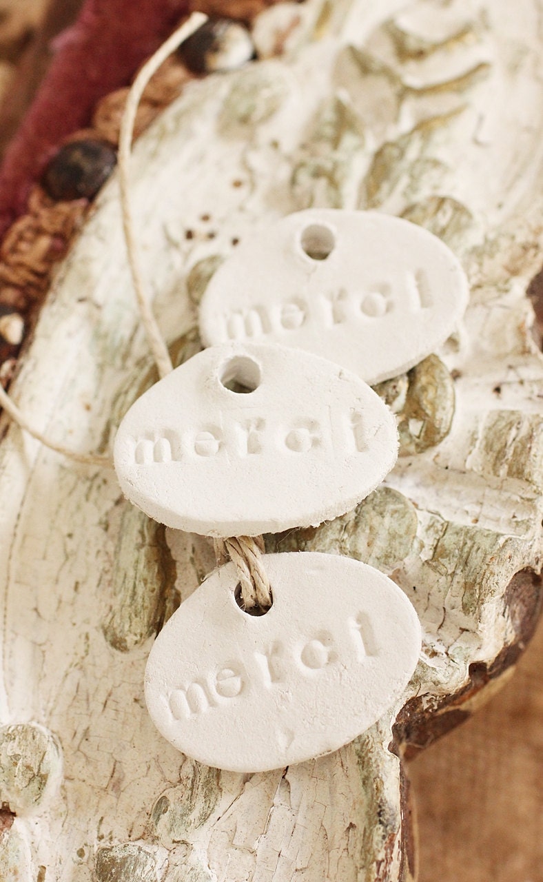 White Clay Merci French Thank You Petite Gift Tags: Hand  Stamped Organic Rustic Chic Set of 3