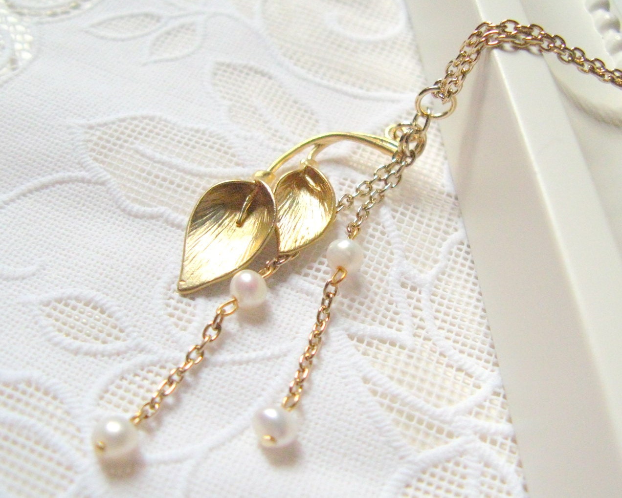 Necklace With Gold Floral Charm And Pearls, Calla Lily