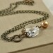 Vintage Repurposed Brass Necklace, Chandelier Crystal, Pearl