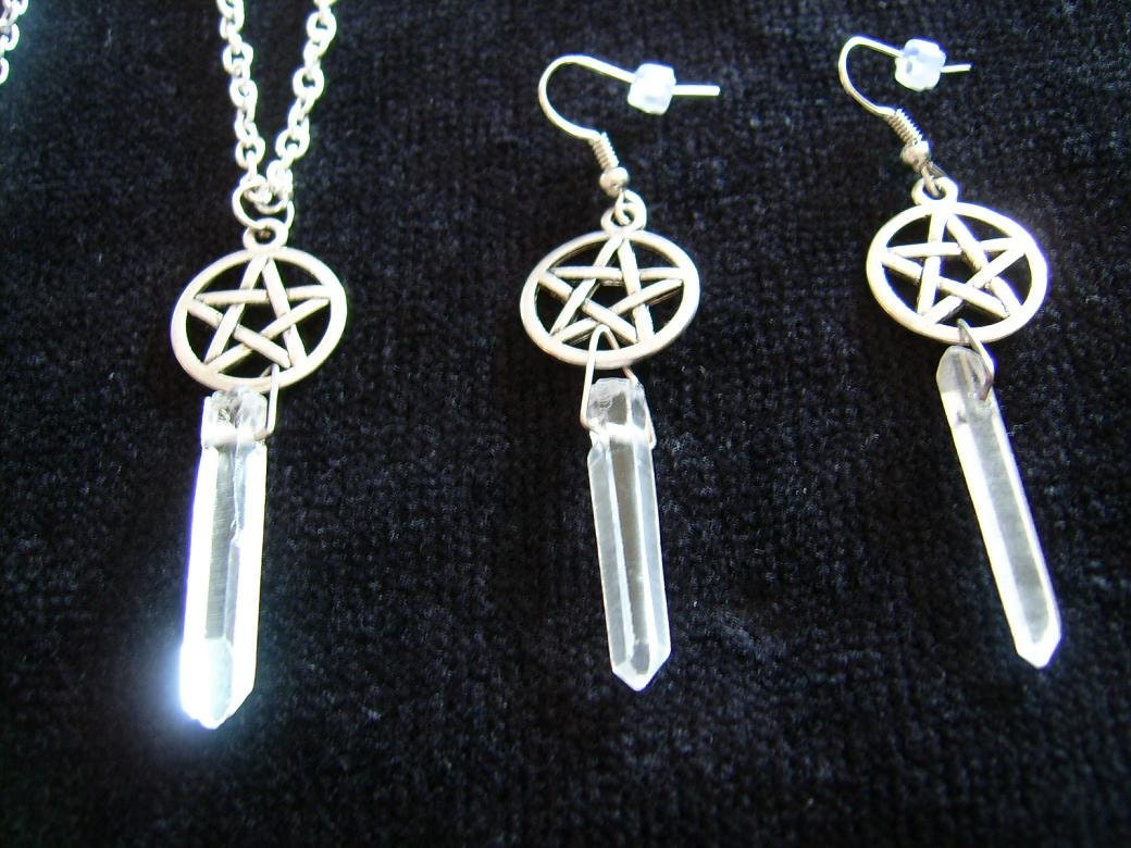 Crystal Quartz point with Pentagram Pendant and Earrings Set Pagan Wiccan