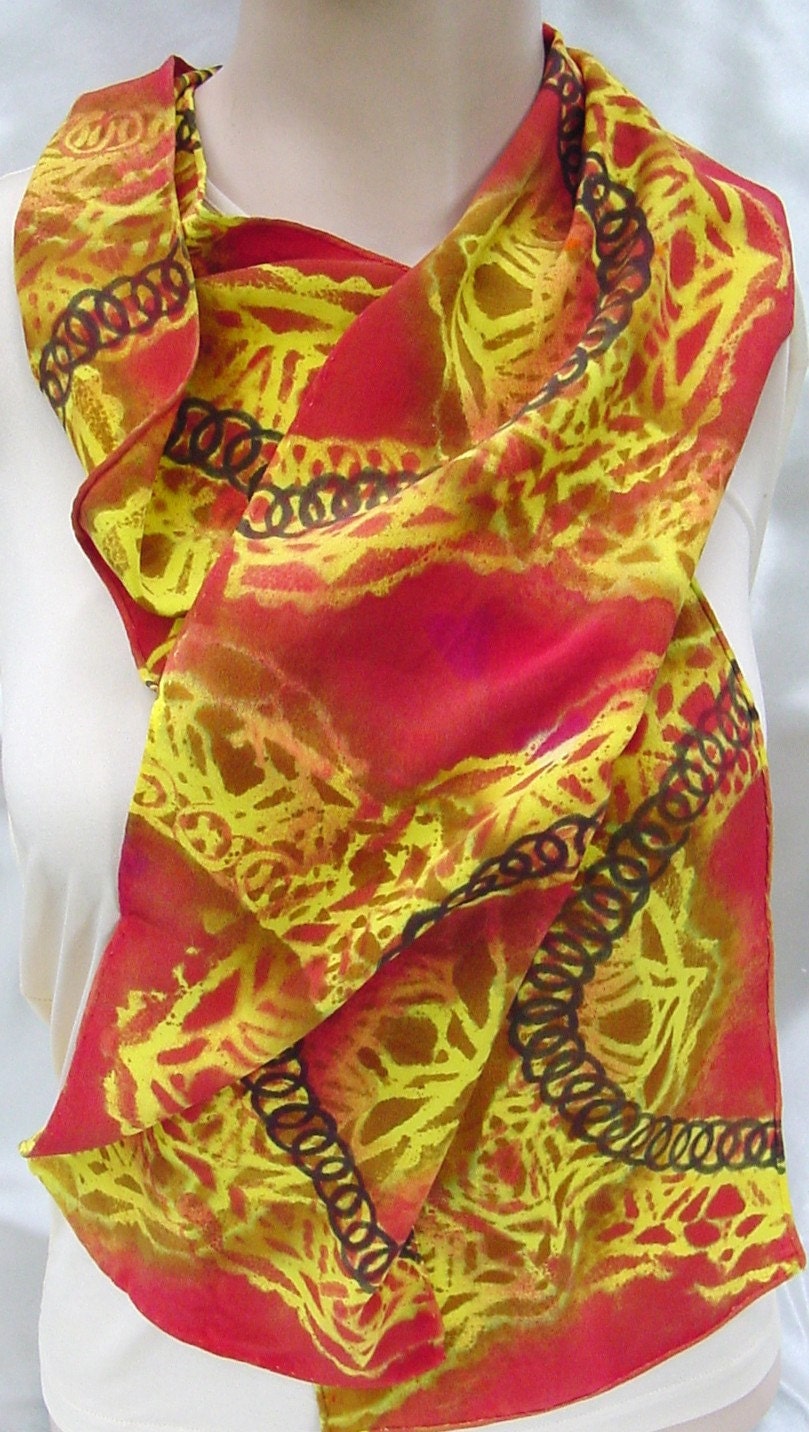 silk scarf painted dyed Southwest Deco warm colors