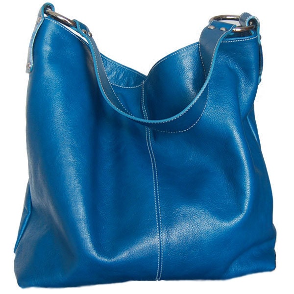 medium blue leather tote - roomy luxurious cerulean blue leather carry all LAST ONE
