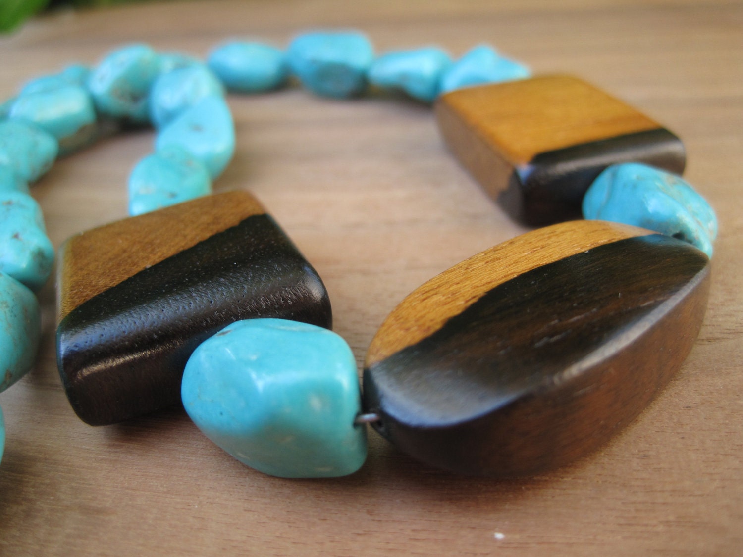 Turquoise and Wood Necklace - Statement Jewelery - Copper - Nuggets - Luxury - Rich - Robins Egg Blue - Bold - Wooden Jewellery