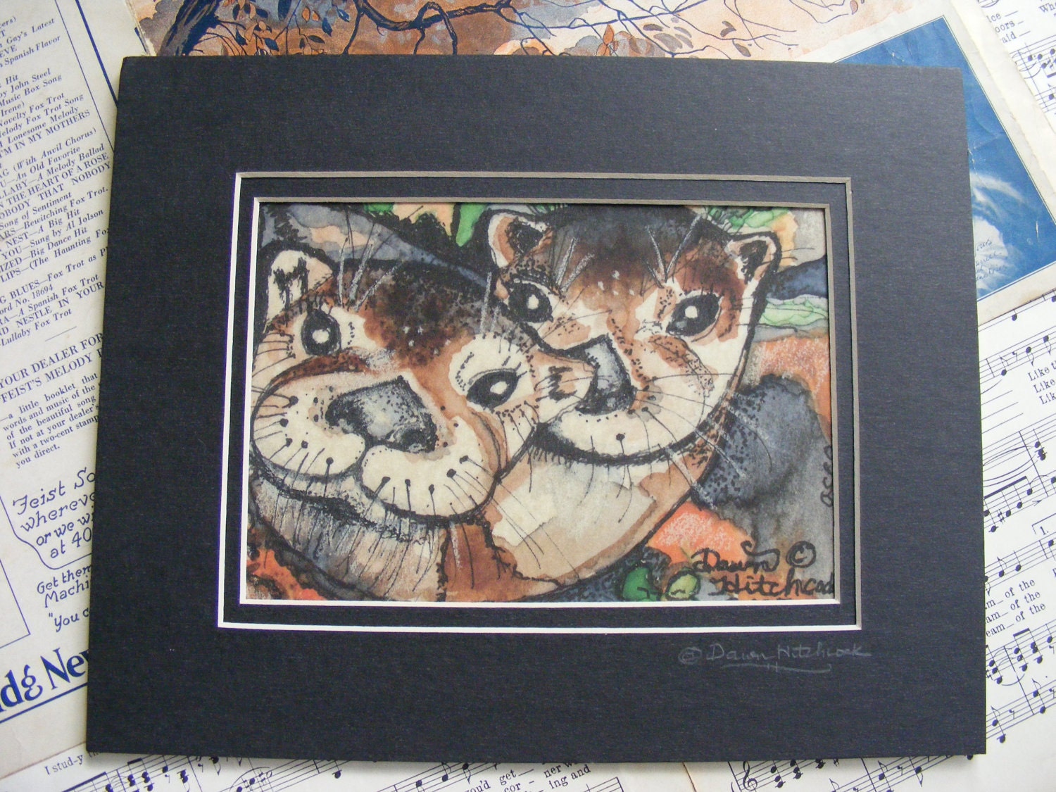 River Otters Fine Art Watercolor Print, Double Matted In Black, Wildlife Painting, Animals, Childrens Illustration