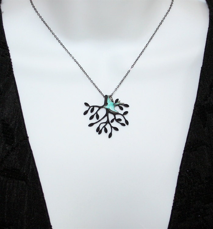 Tree Necklace  Black Tree Pendant  with Blue Patina by smilesophie
