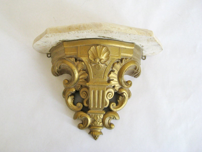 HOLLYWOOD REGENCY Vintage Shelf - Marble Gilded Syroco Wall Shelf - White Gold Display Shelf