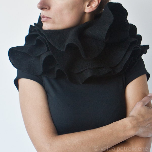 Nuno Felted Ruffle Shawl / Silk and Wool Scarf - Black Elegance - For Gothic Weddings, Any Special Occasion or Everyday Wear