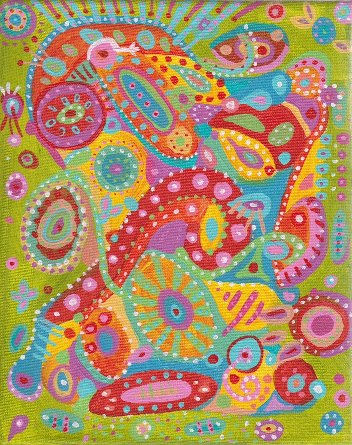 Original Painting on Canvas, Fine Art, Acrylic 8 x 10, Greens, Reds, Yellows, Blues