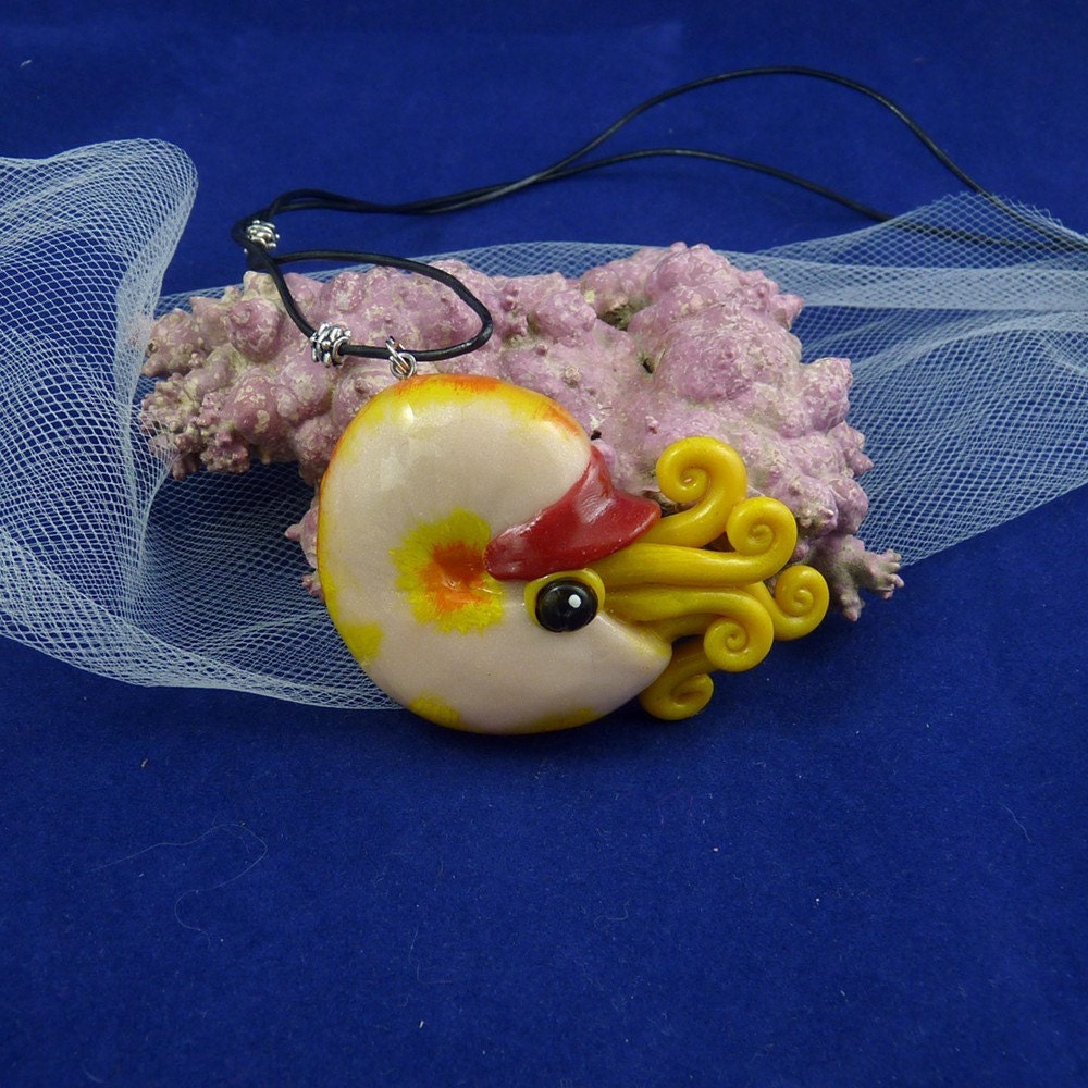 Fiery Nautilus Necklace - Polymer Clay Cephalopod Jewelry