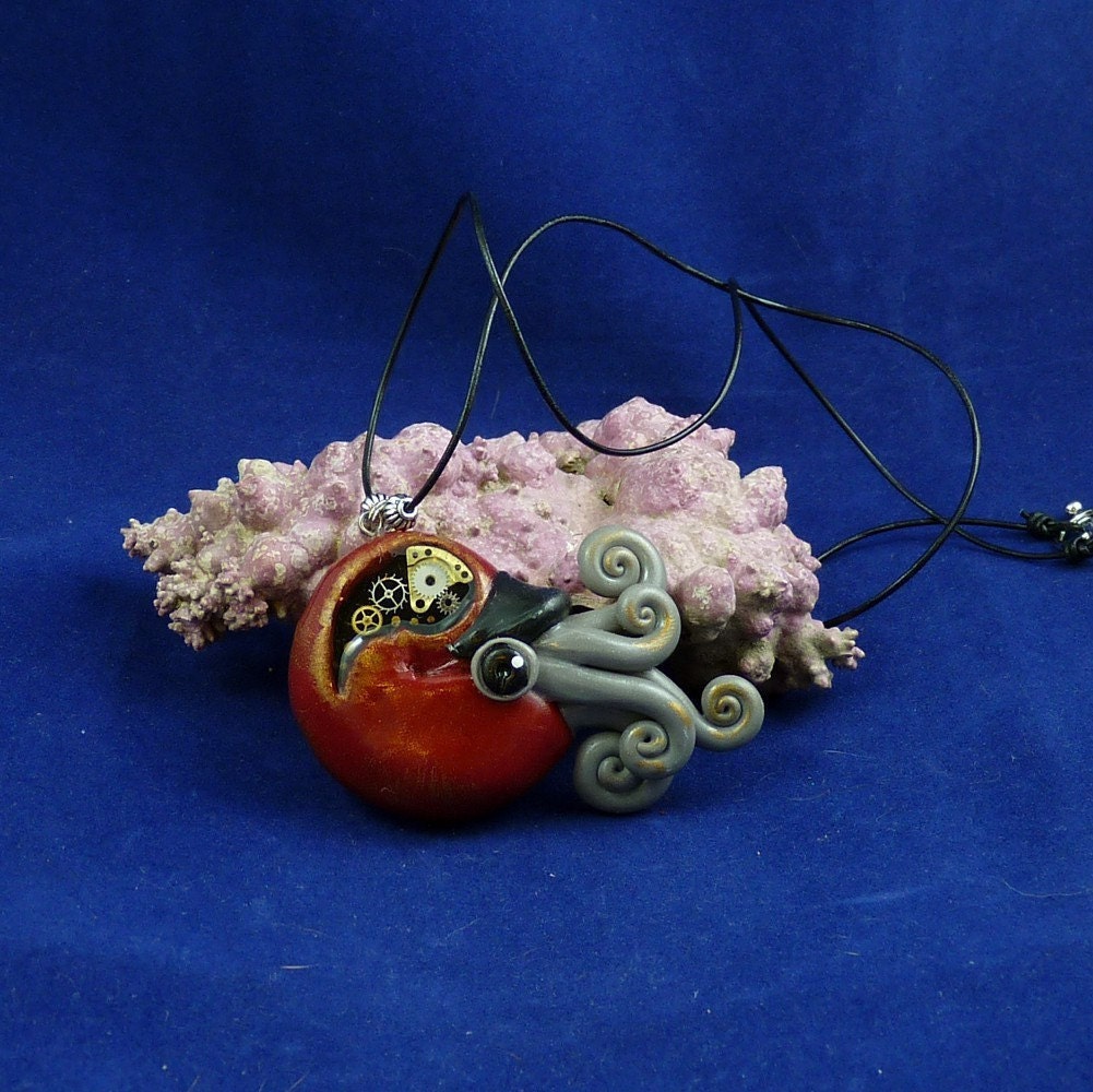 Gilded Steampunk Nautilus Necklace - Polymer Clay Neo-Victorian Cephalopod Pendant