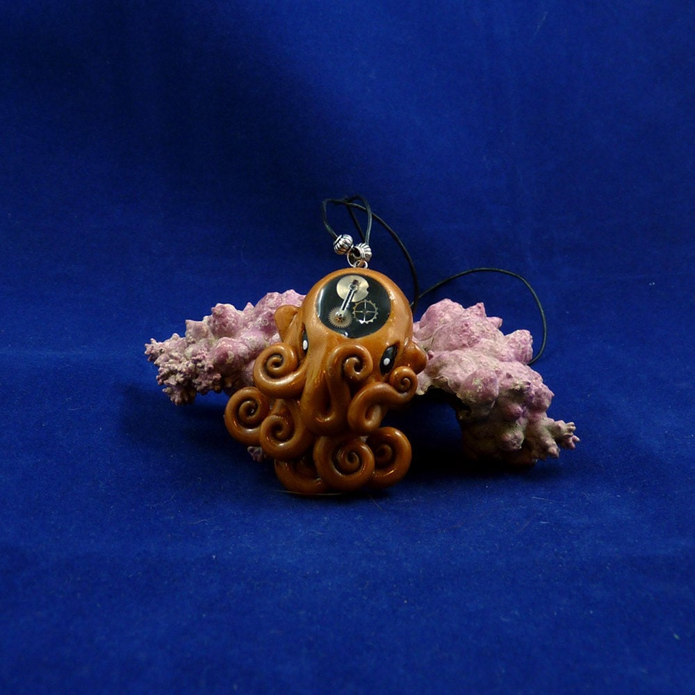 Brass Steampunk Octopus Necklace - Polymer Clay Neo-Victorian Pendant