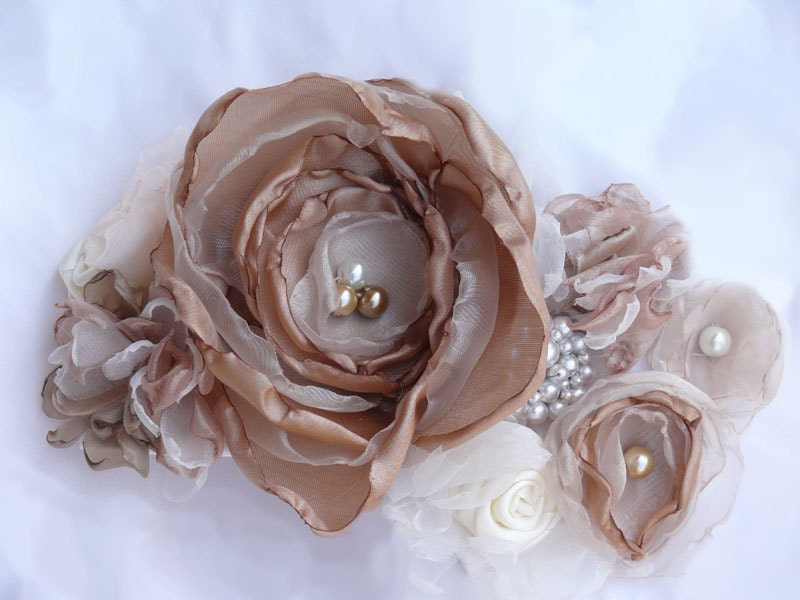 Emma Floral Bridal Sash Wedding Belt Flower Pearl Crystal Taupe Ribbon Pink Ivory Rose